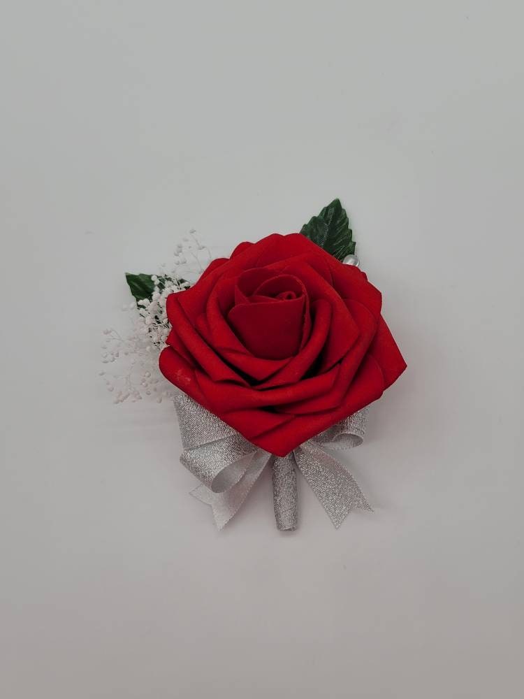 Red,white, and Silver Corsages and Boutonnieres Available In 27 Colors, Corsages Available In Pin On And Wrist, Matching Bouquets Available