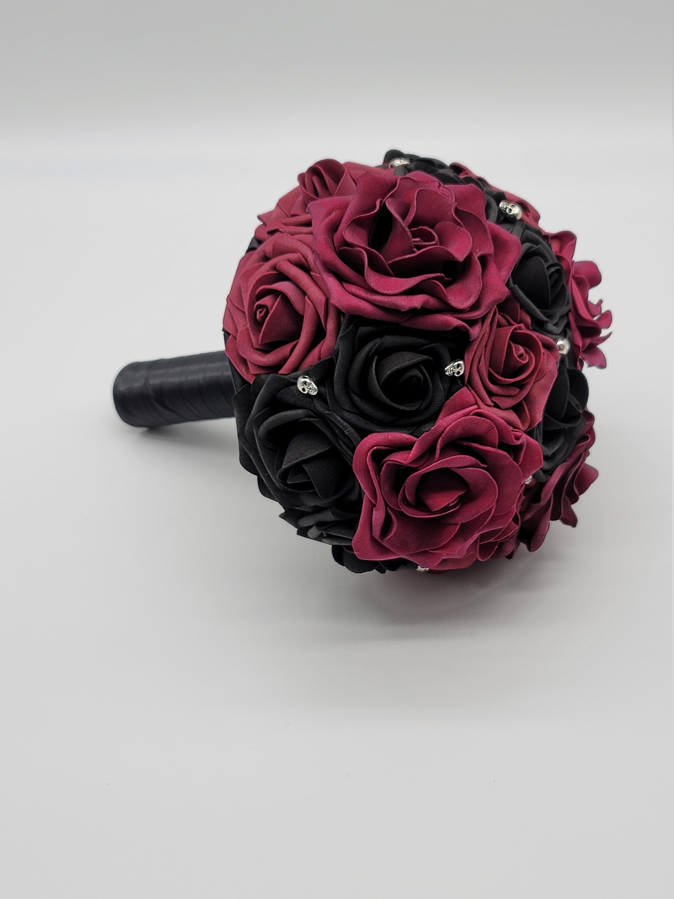Gothic Burgundy And Black Skull Boutonnieres and Corsages, Gothic Wedding, Halloween, Matching Bouquets Available
