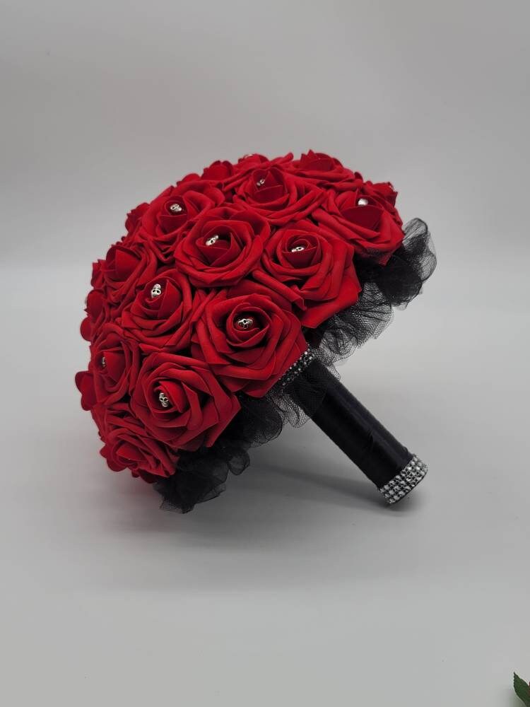 Gothic Skull Red And Black Boutonnieres and Corsages, Corsages available in pin on and wrist, Matching Bouquets Available