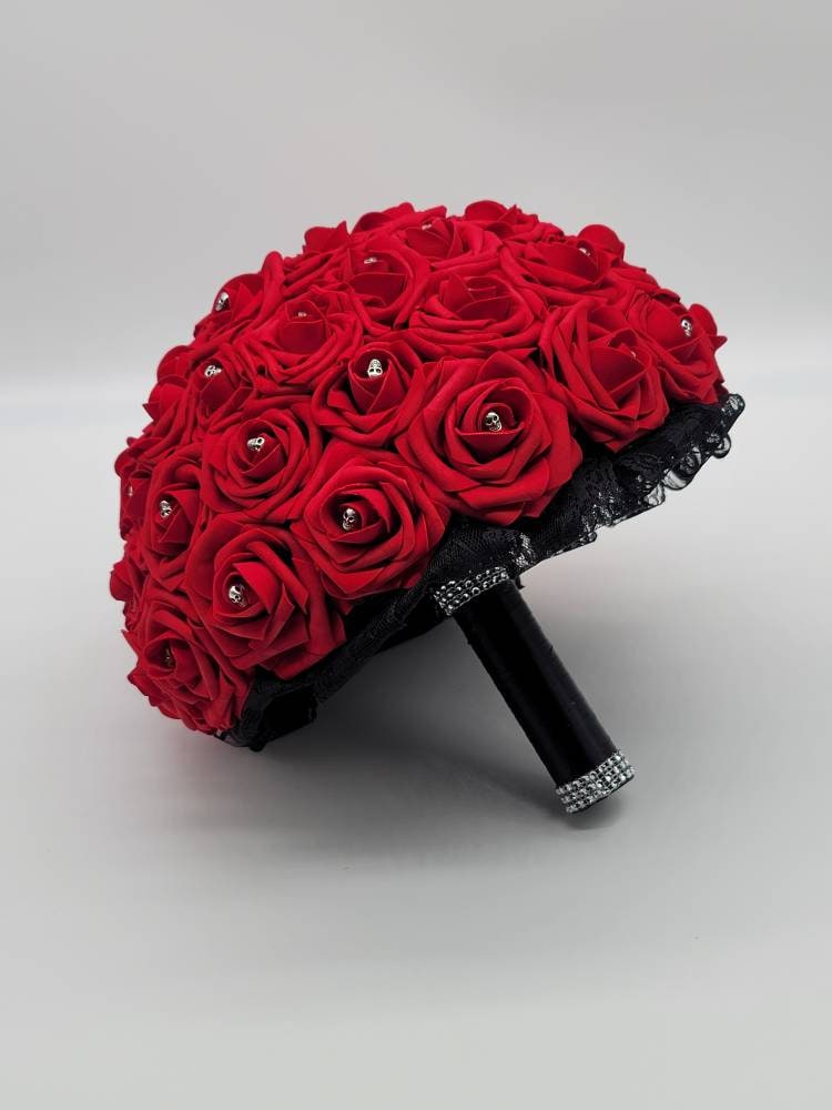 Gothic Skull Red and Black Wedding Bouquet, Bridal Bouquet, Bridesmaid Bouquet, Matching Boutonnieres And Corsages, Halloween Wedding