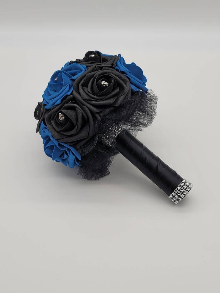 Gothic Royal Blue And Black Skull Wedding Bouquet, Bridal Bouquet, Bridesmaid Bouquet, Matching Boutonnieres and Corsages, Halloween Bouquet