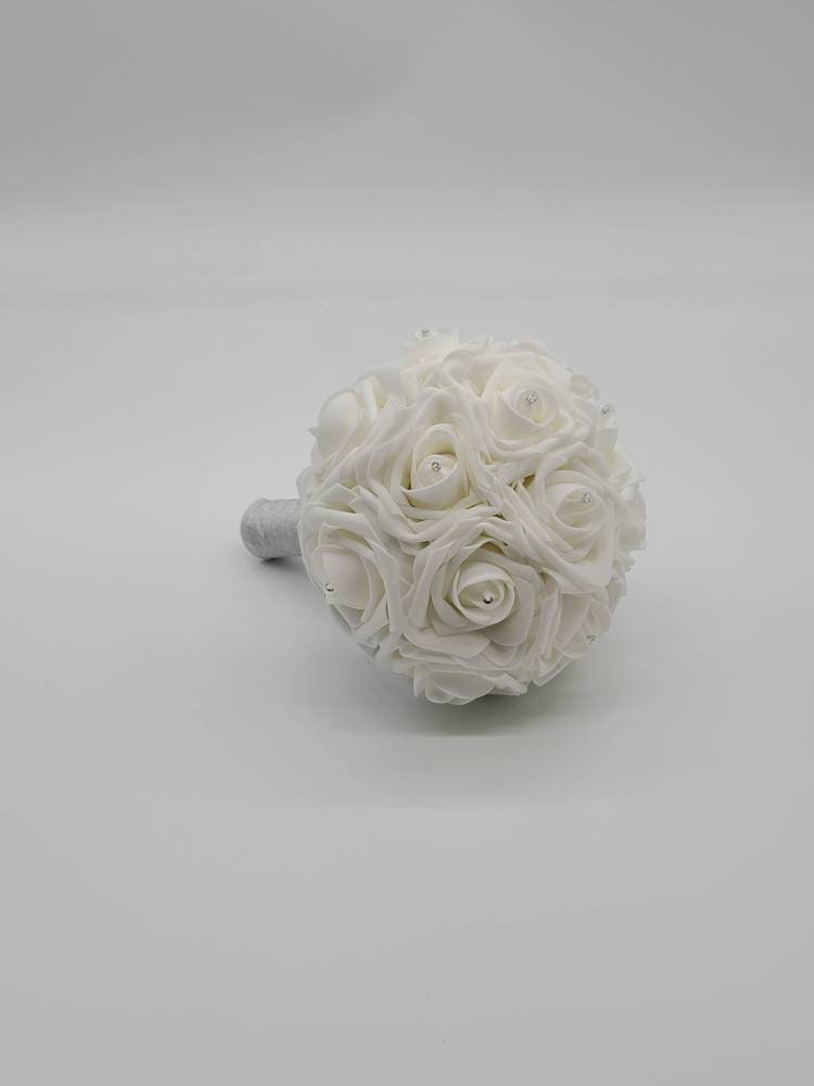 White and Silver Wedding Bouquet Made With Real Touch Roses, Bridal Bouquet, Bridesmaid Bouquet and Matching Boutonnieres and Corsages