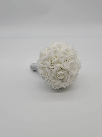 White and Silver Wedding Bouquet Made With Real Touch Roses, Bridal Bouquet, Bridesmaid Bouquet and Matching Boutonnieres and Corsages