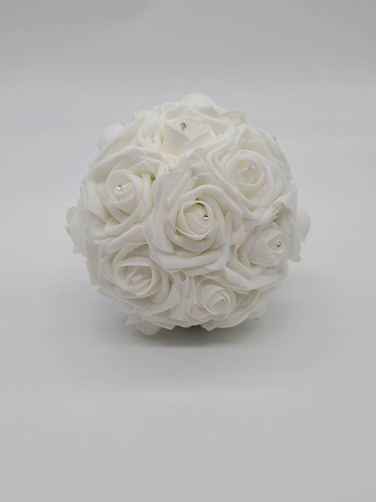 White and Silver Wedding Bouquet Made With Real Touch Roses, Bridal Bouquet, Bridesmaid Bouquet and Matching Boutonnieres and Corsages