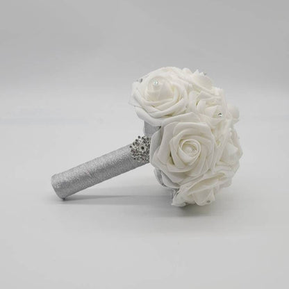 White and Silver Wedding Bouquet Made With Real Touch Roses, Bridal Bouquet, Bridesmaid Bouquet and Matching Boutonnieres and Corsages