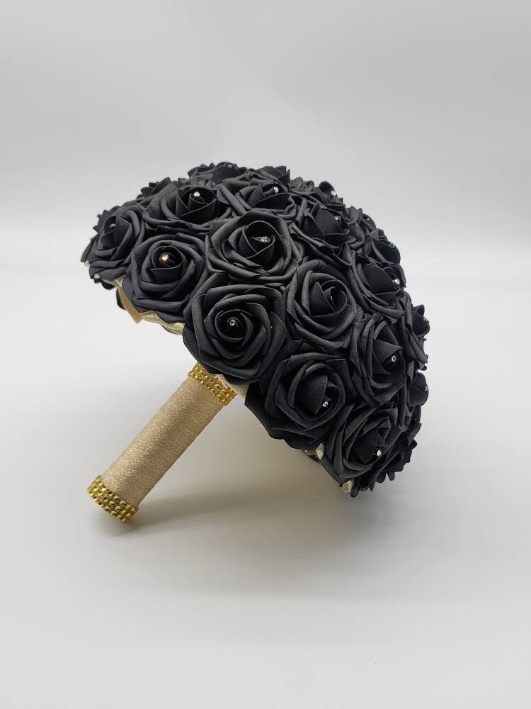 Black and Gold Wedding Bouquet Made with Real Touch Roses