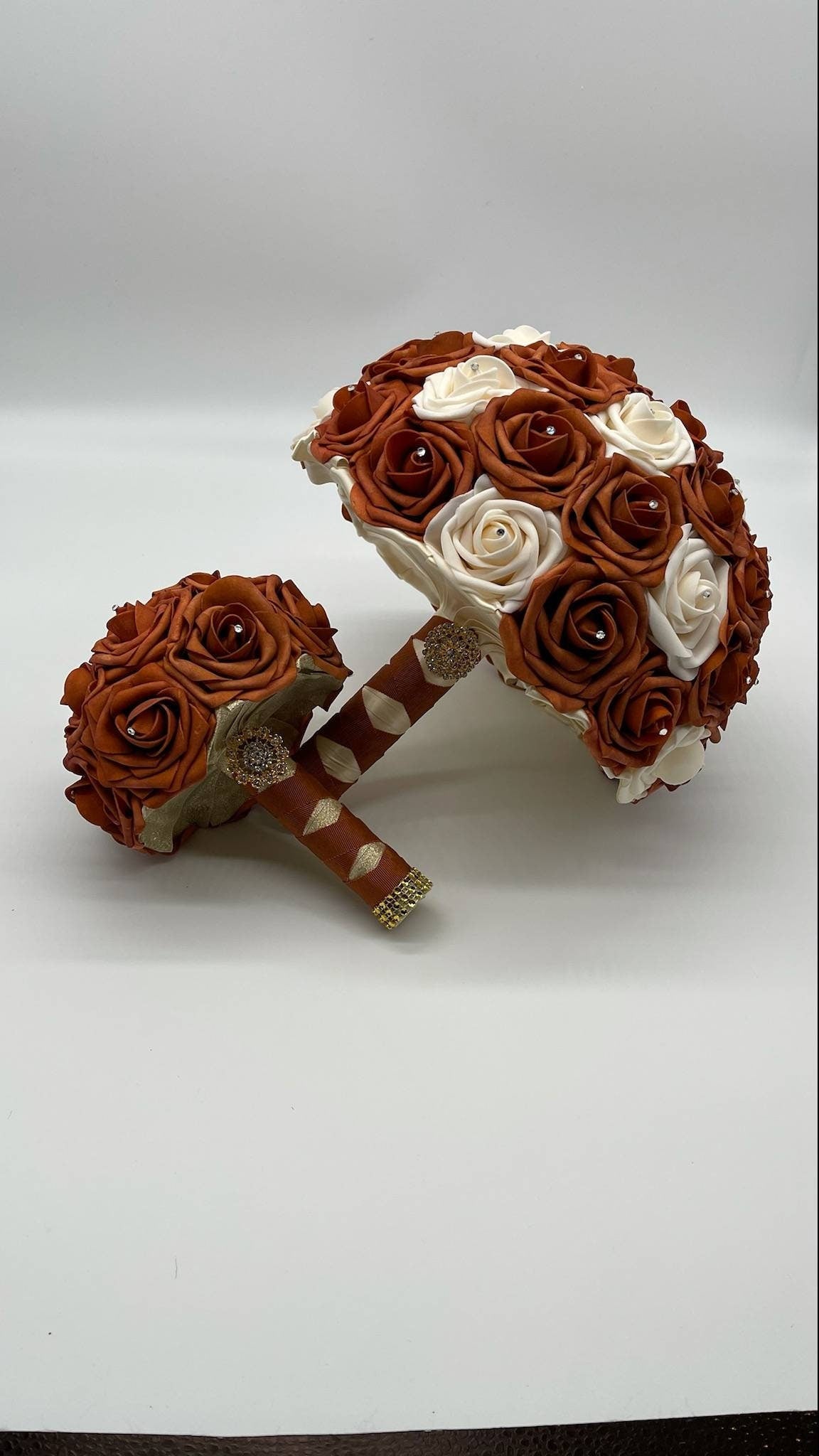 Burnt Orange and Cream Wedding Bouquet Made With Real Touch Roses, Bridal Bouquet, Bridesmaid Bouquet and Matching Boutonniere and Corsages