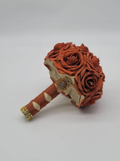 Burnt Orange and Cream Wedding Bouquet Made With Real Touch Roses, Bridal Bouquet, Bridesmaid Bouquet and Matching Boutonniere and Corsages