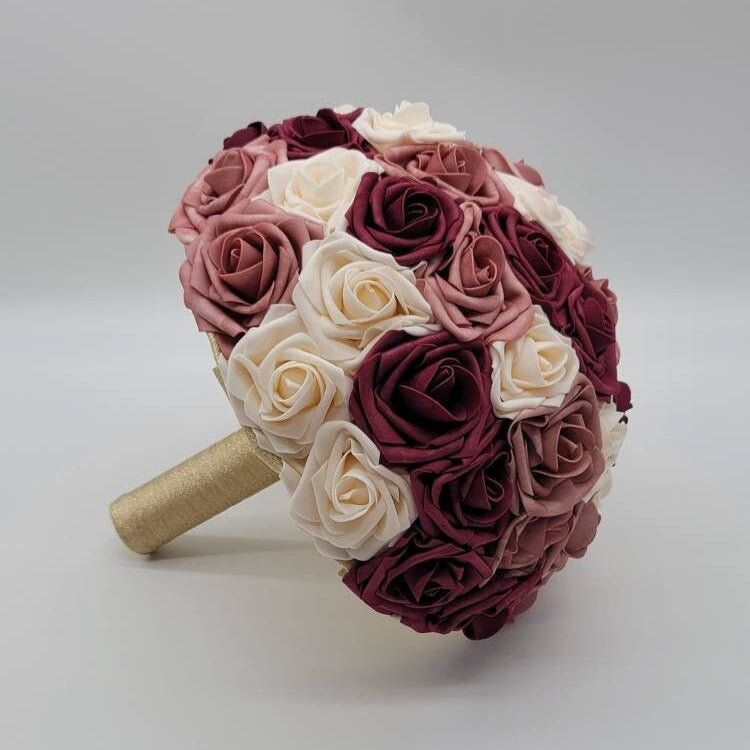 Burgundy, Dusty Rose, & Cream Wedding Bouquet Made With Real Touch Roses, Bridal Bouquet, Bridesmaid Bouquet/ Matching Boutonniere/Corsages