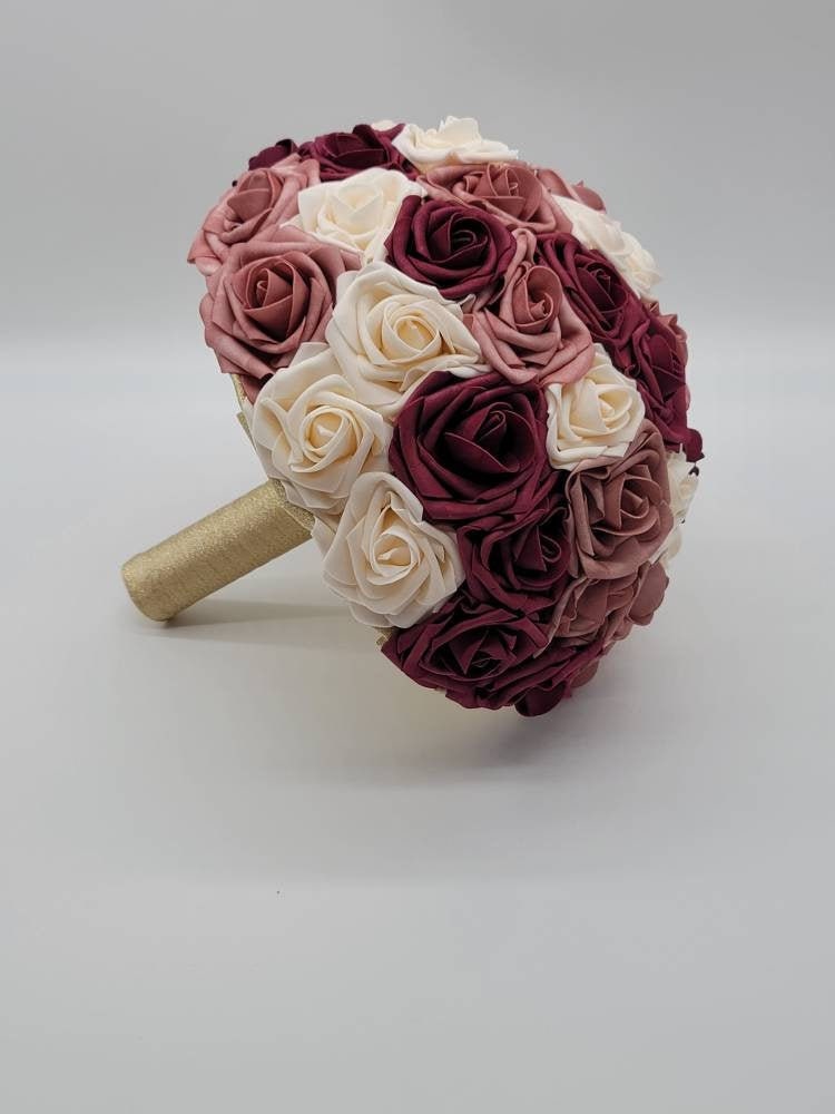 Burgundy, Dusty Rose, & Cream Wedding Bouquet Made With Real Touch Roses, Bridal Bouquet, Bridesmaid Bouquet/ Matching Boutonniere/Corsages