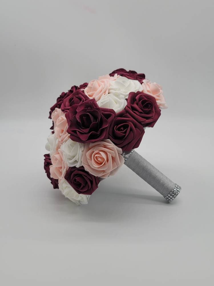 Burgundy, White, & Blush Wedding Bouquet Made With Real Touch Roses, Bridal Bouquet, Bridesmaid Bouquet and Matching Boutonniere and Corsage