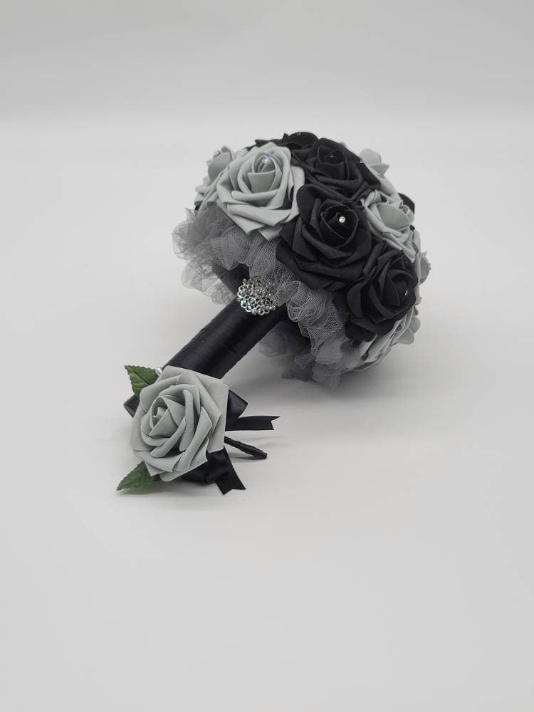 Black And Gray Wedding Bouquet Made With Real Touch Roses, Bridal Bouquet, Bridesmaid Bouquet and Matching Boutonnieres and Corsages