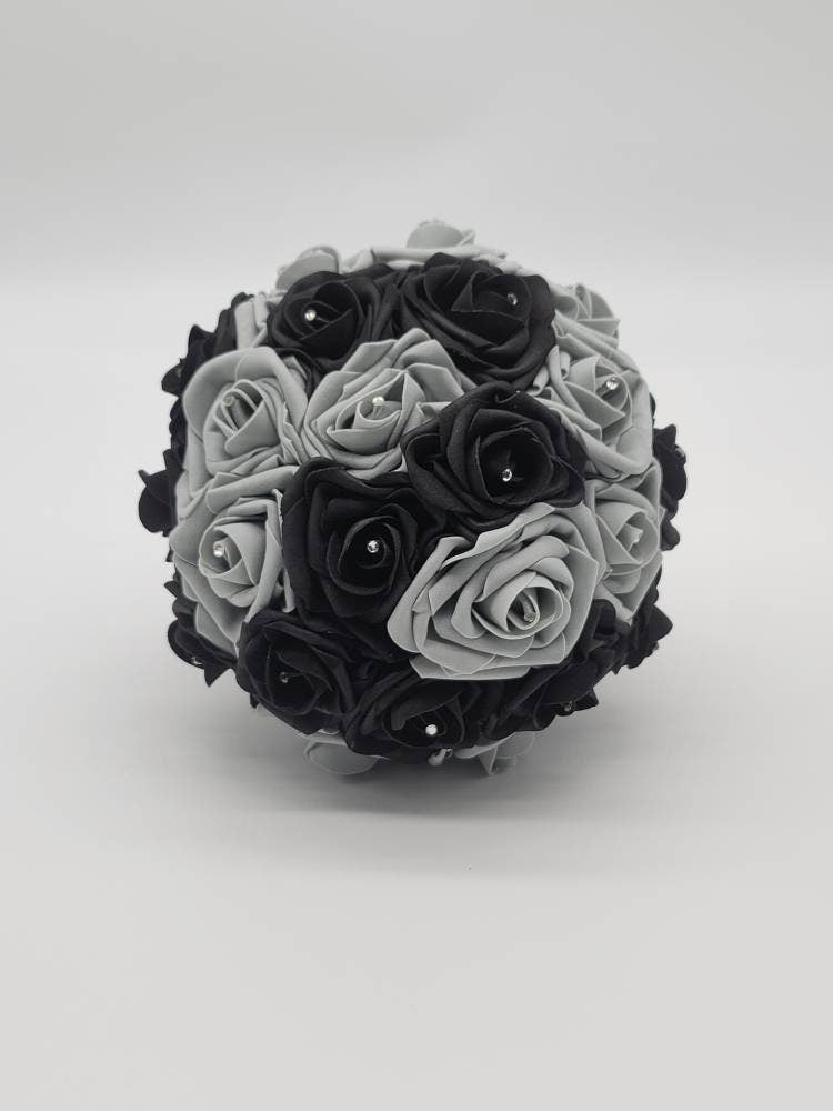 Black And Gray Wedding Bouquet Made With Real Touch Roses, Bridal Bouquet, Bridesmaid Bouquet and Matching Boutonnieres and Corsages