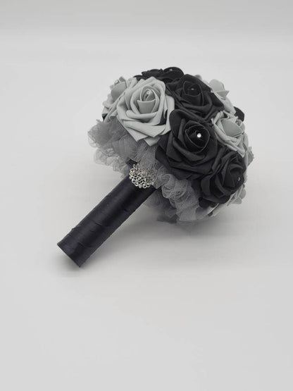 Black And Gray Wedding Bouquet Made With Real Touch Roses, Bridal Bouquet, Bridesmaid Bouquet and Matching Boutonnieres and Corsages