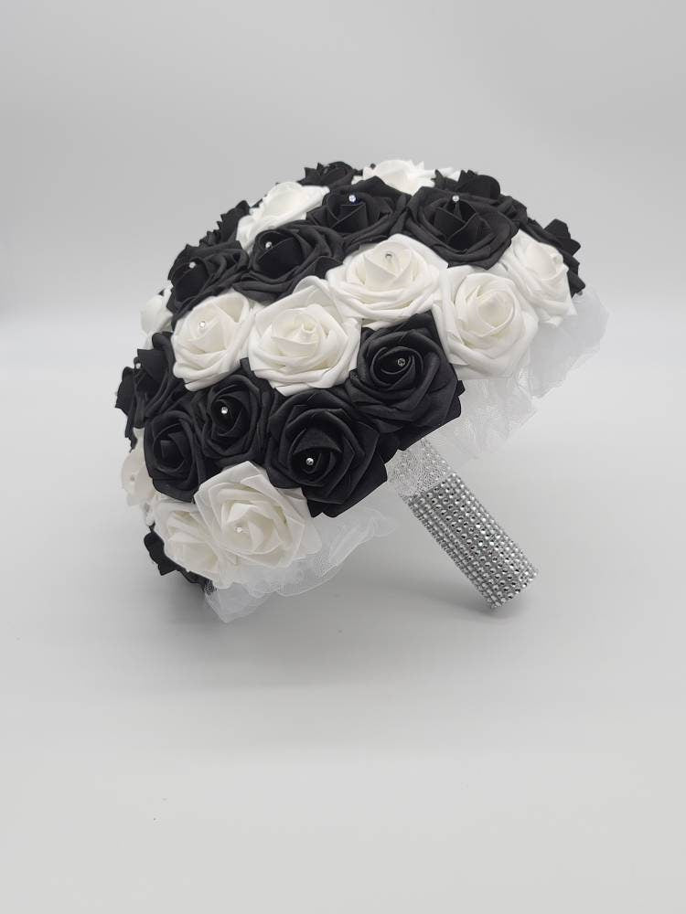 White and Black Bridal Bouquet with Rhinestone Handle