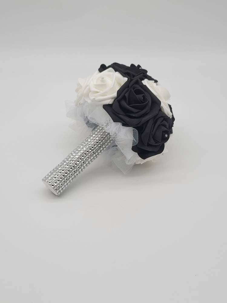 White and Black Bridal Bouquet with Rhinestone Handle