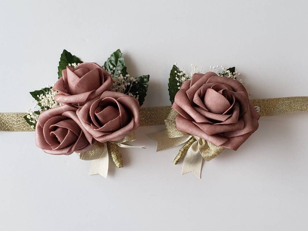 Dusty rose And gold Boutonnieres And Corsages, Available In 27 Colors, Corsages Available In Pin On And Wrist, Matching Bouquets Available