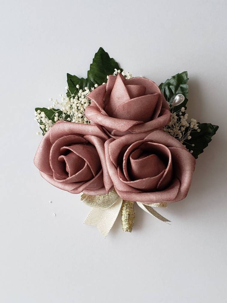 Dusty rose And gold Boutonnieres And Corsages, Available In 27 Colors, Corsages Available In Pin On And Wrist, Matching Bouquets Available