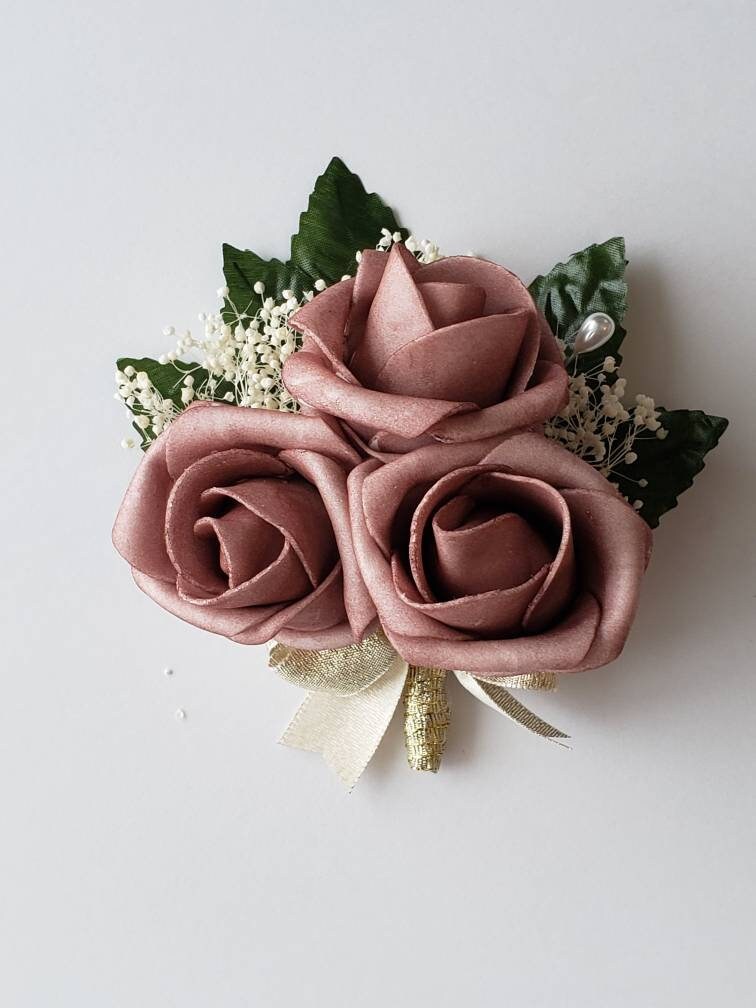 Dusty rose And gold Boutonnieres And Corsages, Available In 27 Colors, Corsages Available In Pin On And Wrist, Matching Bouquets Available