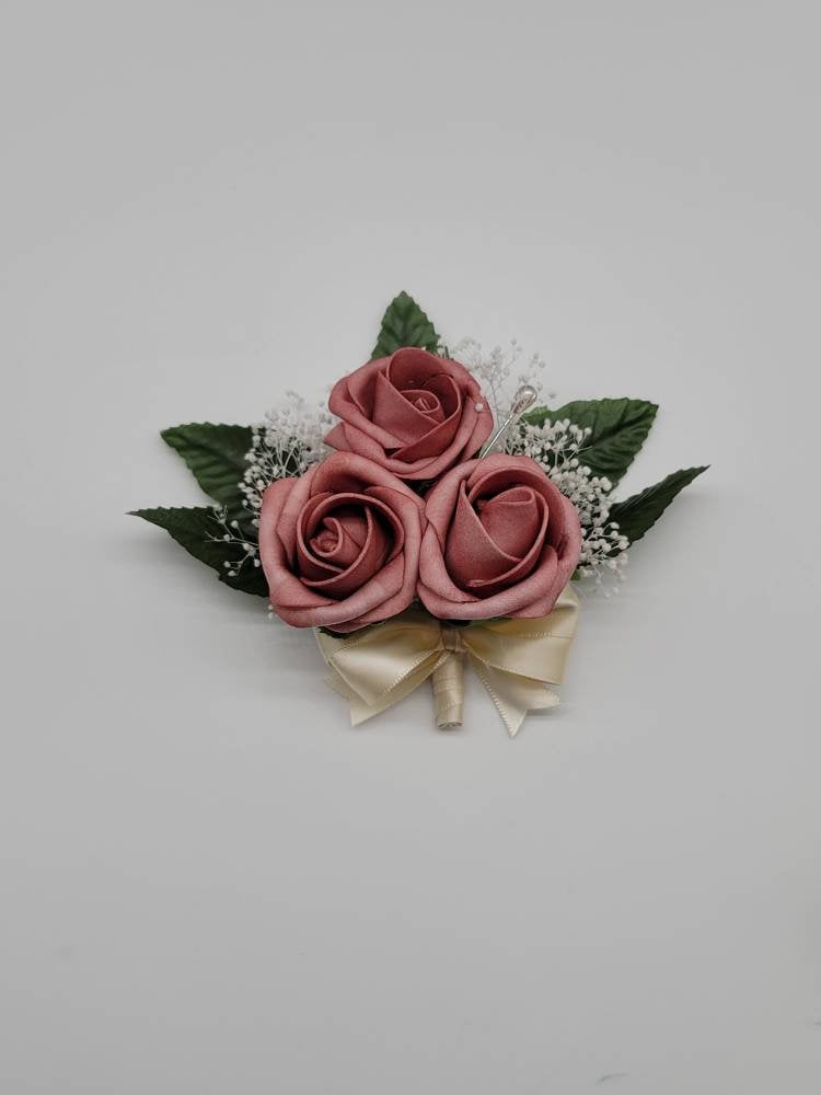 Dusty rose And ivory Boutonnieres And Corsages, Available In 27 Colors, Corsages Available In Pin On And Wrist, Matching Bouquets Available