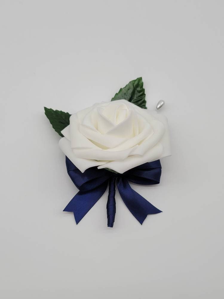 White and navy Boutonnieres And Corsages, Available In 27 Colors, Corsages Available In Pin On And Wrist, Matching Bouquets Available
