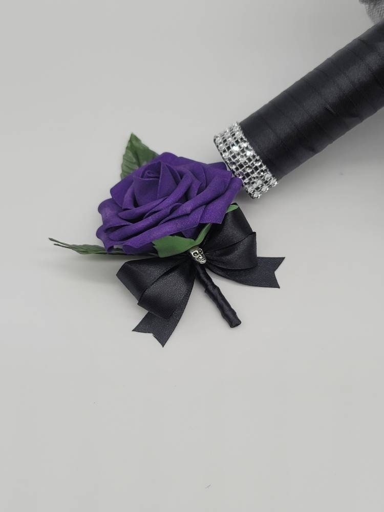 Gothic Skull Purple And Black Boutonnieres and Corsages Available In Pin On And Wrist, Matching Bouquets Available