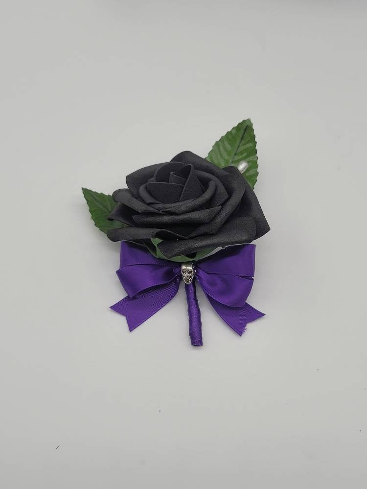 Gothic Skull Purple And Black Boutonnieres and Corsages Available In Pin On And Wrist, Matching Bouquets Available