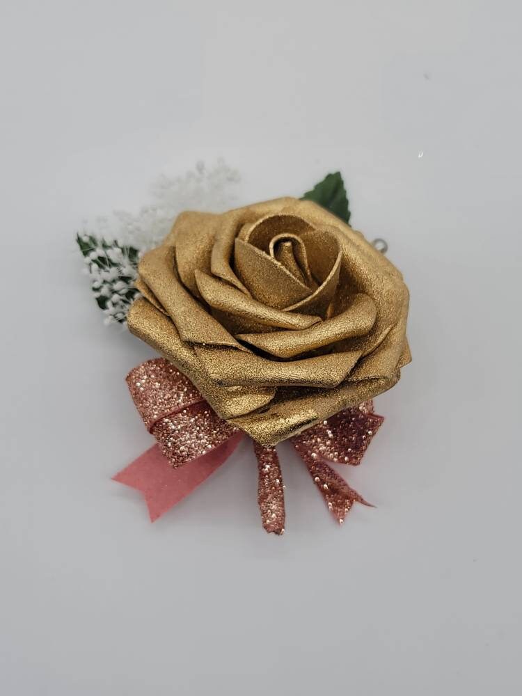 Gold and rose gold Boutonnieres And Corsages, Available In 27 Colors, Corsages Available In Pin On And Wrist, Matching Bouquets Available