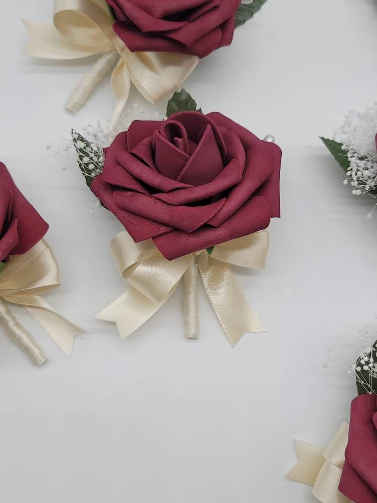 Burgundy And ivory Boutonnieres And Corsages,27 Colors Available, Corsages Available In Pin On And Wrist,Matching Bouquets Available