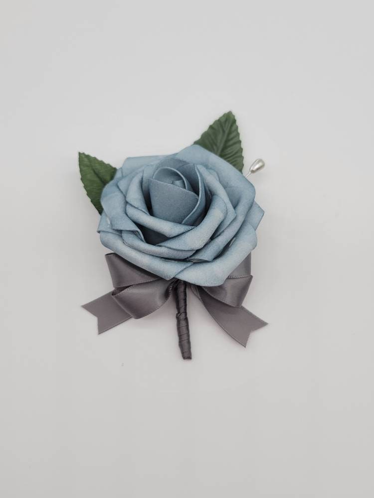 Light Dusty Blue Boutonnieres And Corsages, Available In 27 Colors, Corsages Available In Pin On And Wrist, Matching Bouquets Available