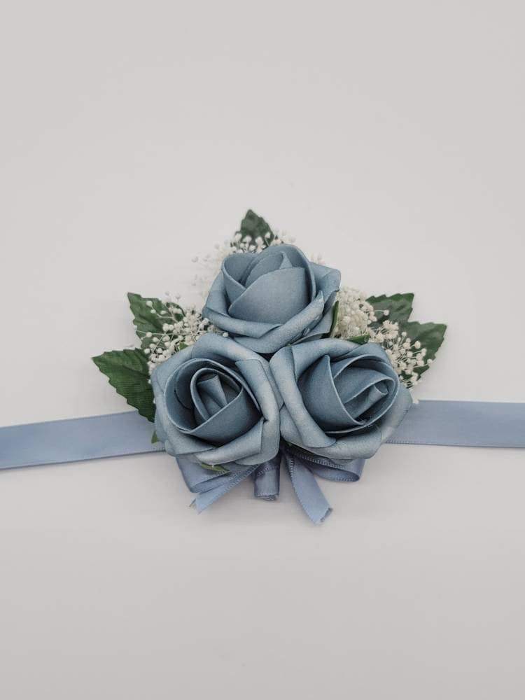 Light Dusty Blue Corsages and Boutonnieres, Available In 27 Colors, Corsages Available In Pin On And Wrist, Matching Bouquets Available