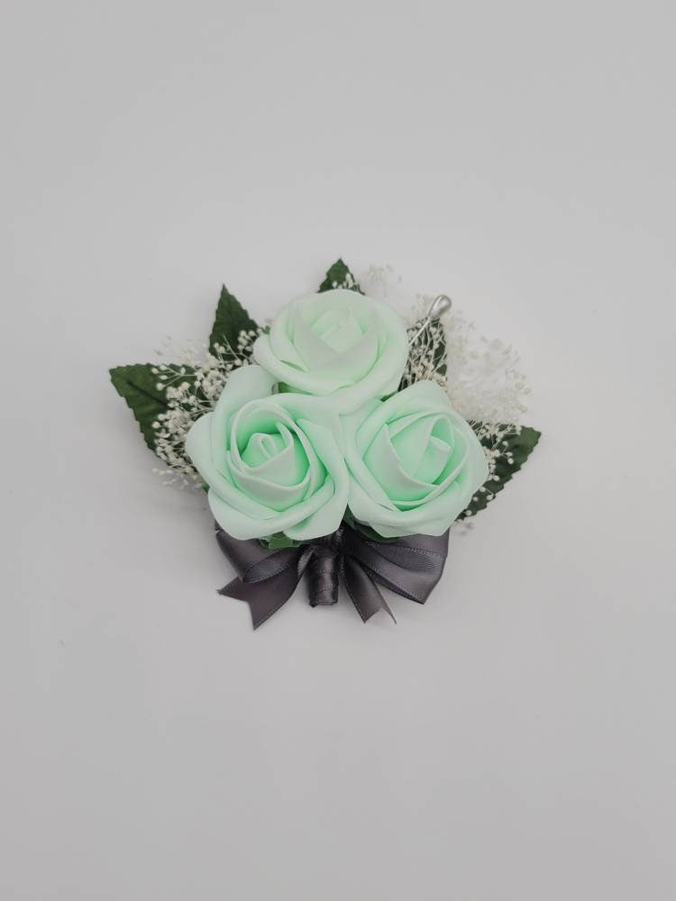 Mint and gray Boutonnieres And Corsages,Available In 27 Colors, Corsages Are Available In Pin On And Wrist, Matching Bouquets Available