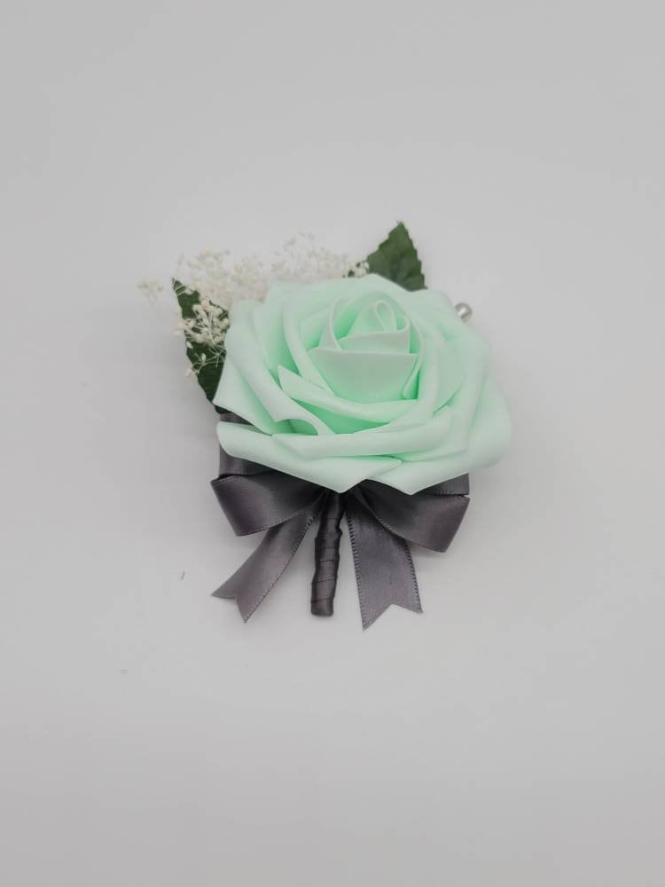 Mint and gray Boutonnieres And Corsages,Available In 27 Colors, Corsages Are Available In Pin On And Wrist, Matching Bouquets Available