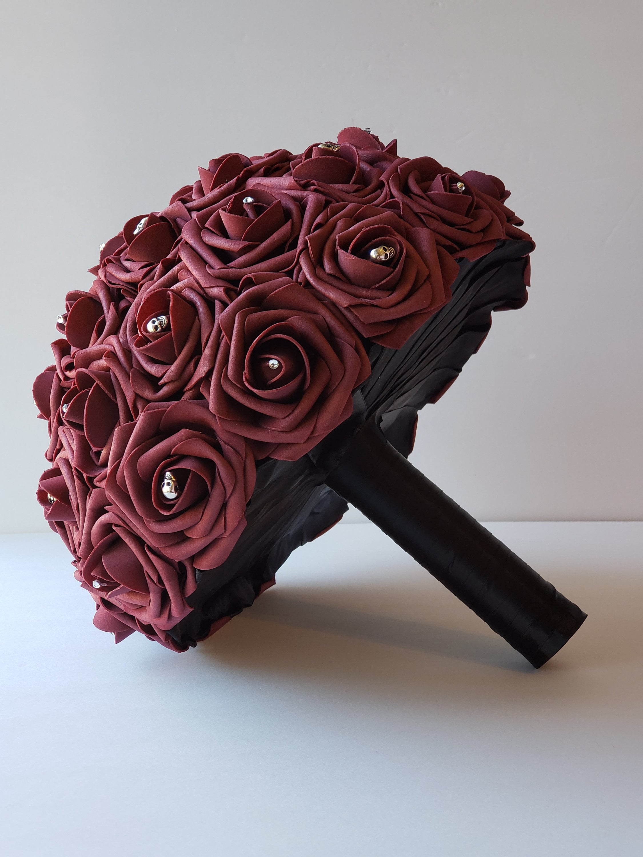 Gothic Burgundy And Black Skull Boutonnieres and Corsages, Gothic Wedding, Halloween, Matching Bouquets Available
