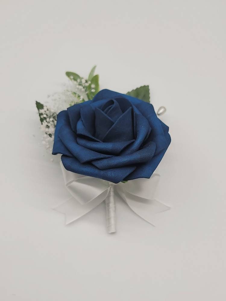 Navy and gold corsage With Eucalyptus And Babais Breath, Matching Boutonnieres Bouquets Available, 26 Colors Available,