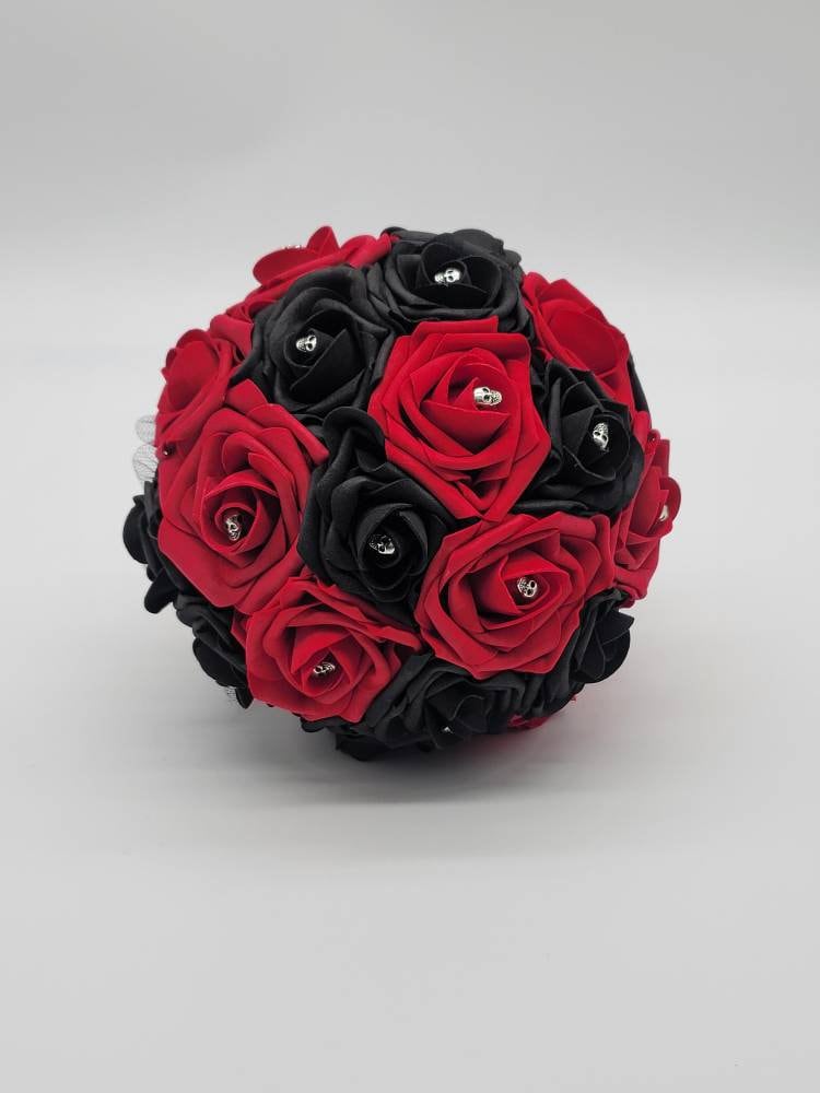 Gothic Skull Red and Black Wedding Bouquet,Bridal Bouquet, Bridesmaid Bouquet, Matching Corsages and Boutonnieres, Halloween Wedding