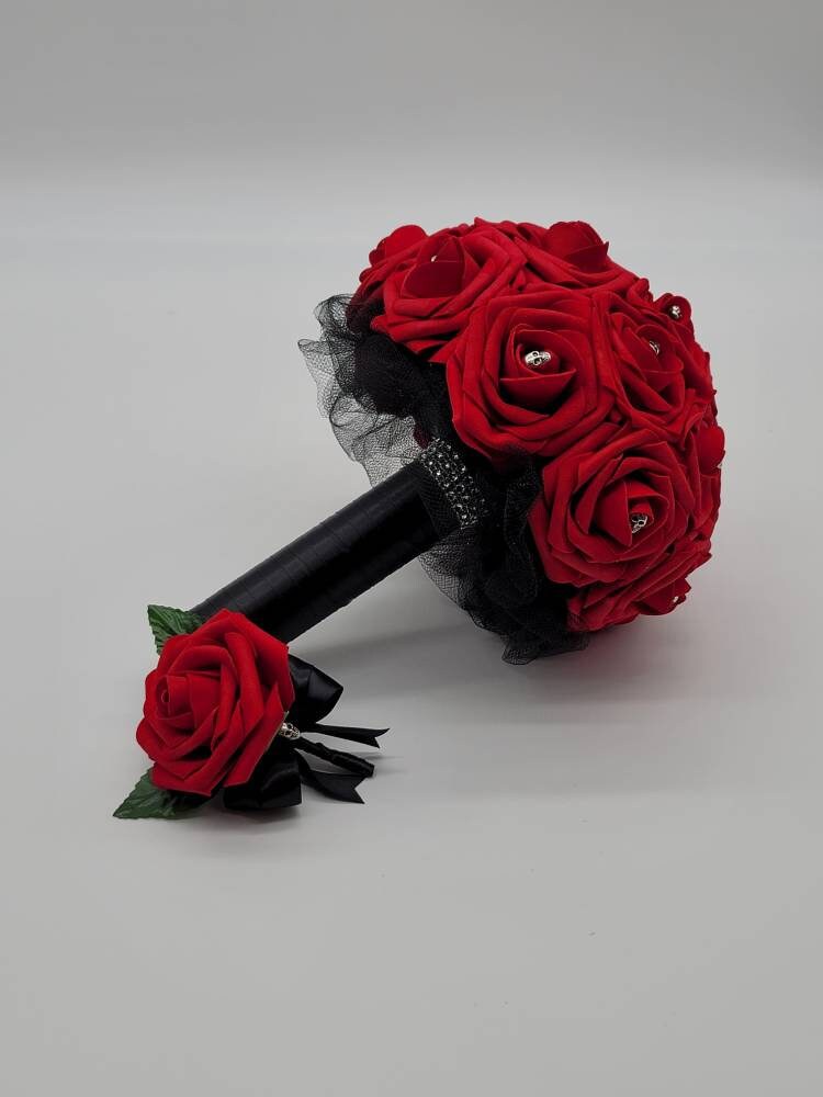 Gothic Skull Red And Black Boutonnieres and Corsages, Corsages available in pin on and wrist, Matching Bouquets Available