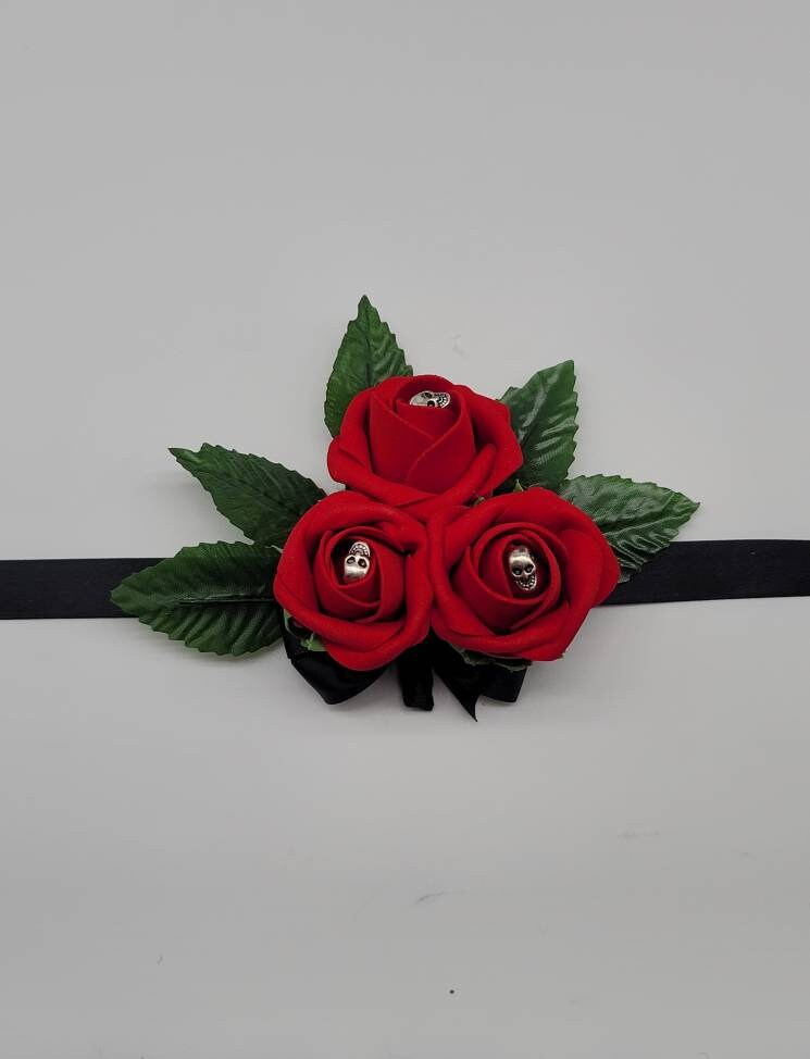 Gothic Skull Red and Black Boutonniere and Corsages, Corsages Available in pin on and wrist, Matching Bouquets Available-Halloween Wedding