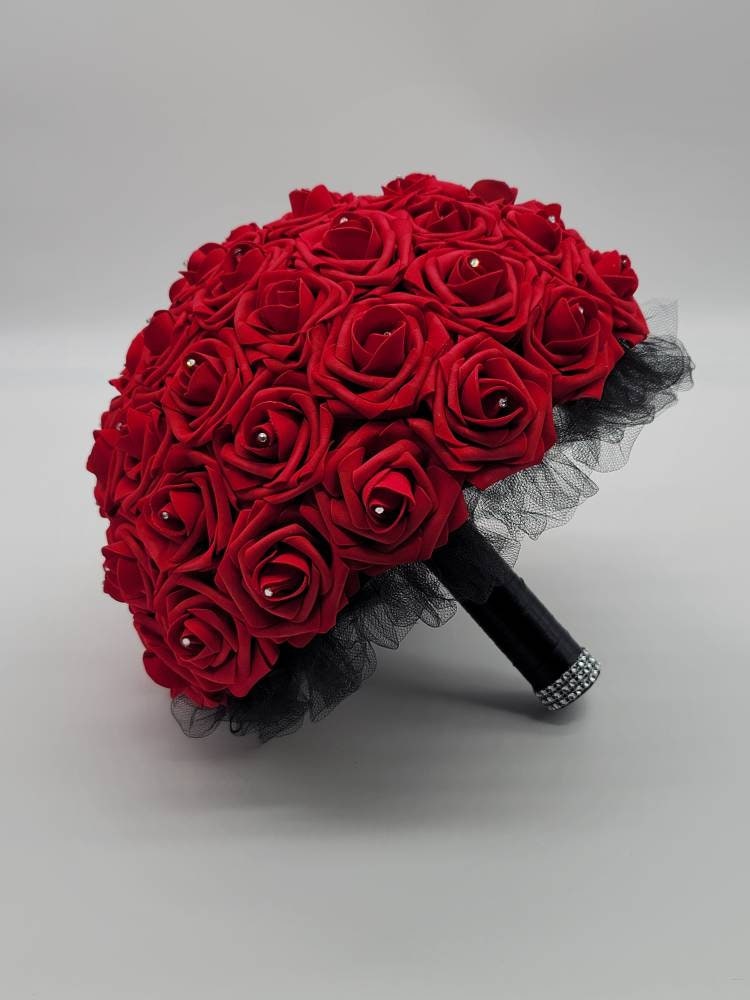 Gothic Skull Red And Black Wedding Bouquet, Bridal Bouquet, Bridesmaid Bouquet, Matching Corsages and Boutonnieres, Halloween Bouquet