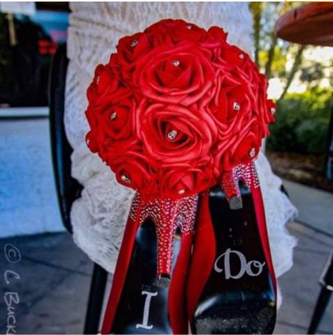 Gothic Skull Red And Black Wedding Bouquet, Bridal Bouquet, Bridesmaid Bouquet, Matching Corsages and Boutonnieres, Halloween Bouquet