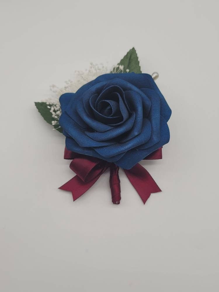 Navy and burgundy Boutonnieres And Corsages, Available In 27 Colors, Corsages Available In Pin On And Wrist, Matching Bouquets Available