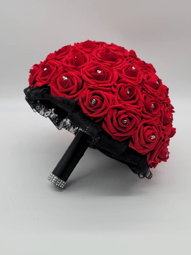 Gothic Skull Red and Black Wedding Bouquet, Bridal Bouquet, Bridesmaid Bouquet, Matching Boutonnieres And Corsages, Halloween Wedding