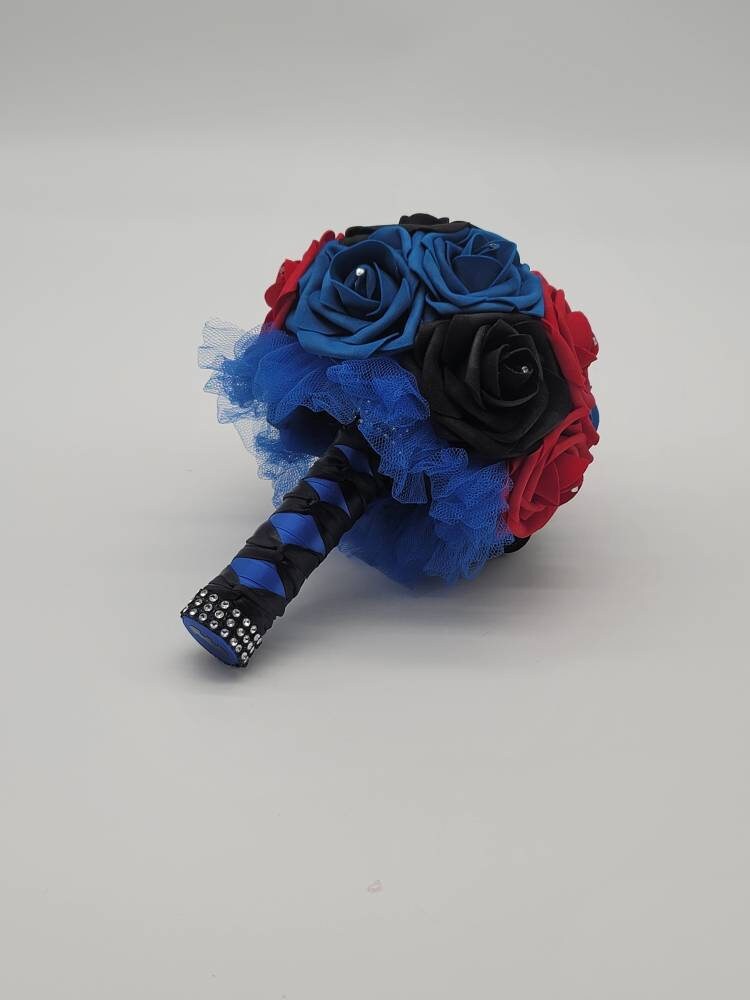 Black And Royal Blue Boutonniere With French Twist Stem And Rhinestones On Roses. Men's Boutonniere,27 Colors Available,Matching Bouquets