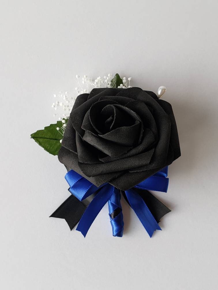 Black And Royal Blue Boutonniere With French Twist Stem And Rhinestones On Roses. Men's Boutonniere,27 Colors Available,Matching Bouquets