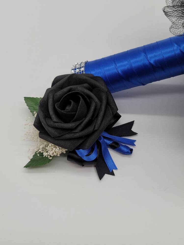 Black And Royal Blue Boutonniere With French Twist Stem And Rhinestones On Roses. Men's Boutonniere,27 Colors Available,Matching Bouquets