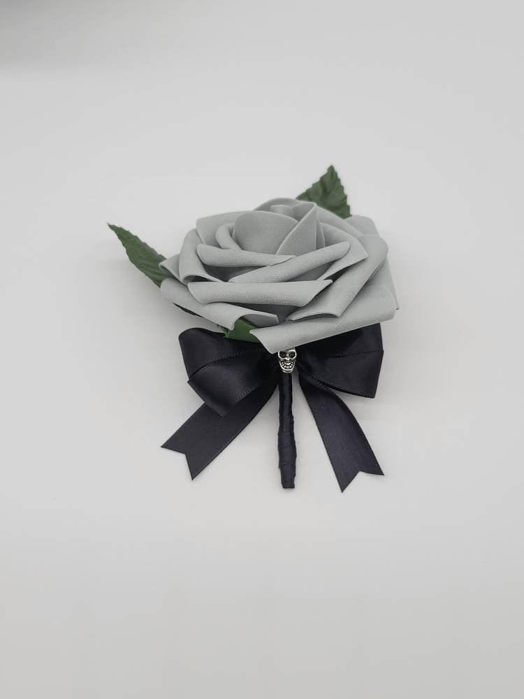 Gothic Skull Gray And Black Boutonnieres, and Corsages, Corsages Available In Pin On And Wrist, Matching Bouquets Available