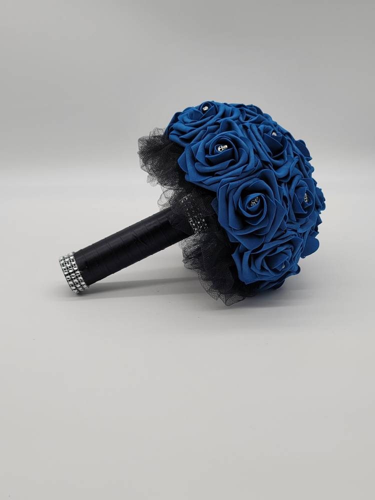 Gothic Skull Royal Blue and Black Wedding Bouquet,Bridal Bouquet, Bridesmaid Bouquet, Matching Corsages and Boutonnieres, Halloween Wedding