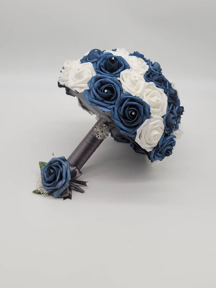 Dusty Blue And Grey Bridal Bouquet Made With Real Touch Roses, Wedding Bouquet, Bridesmaid Bouquet- Matching Boutonnieres and Corsages