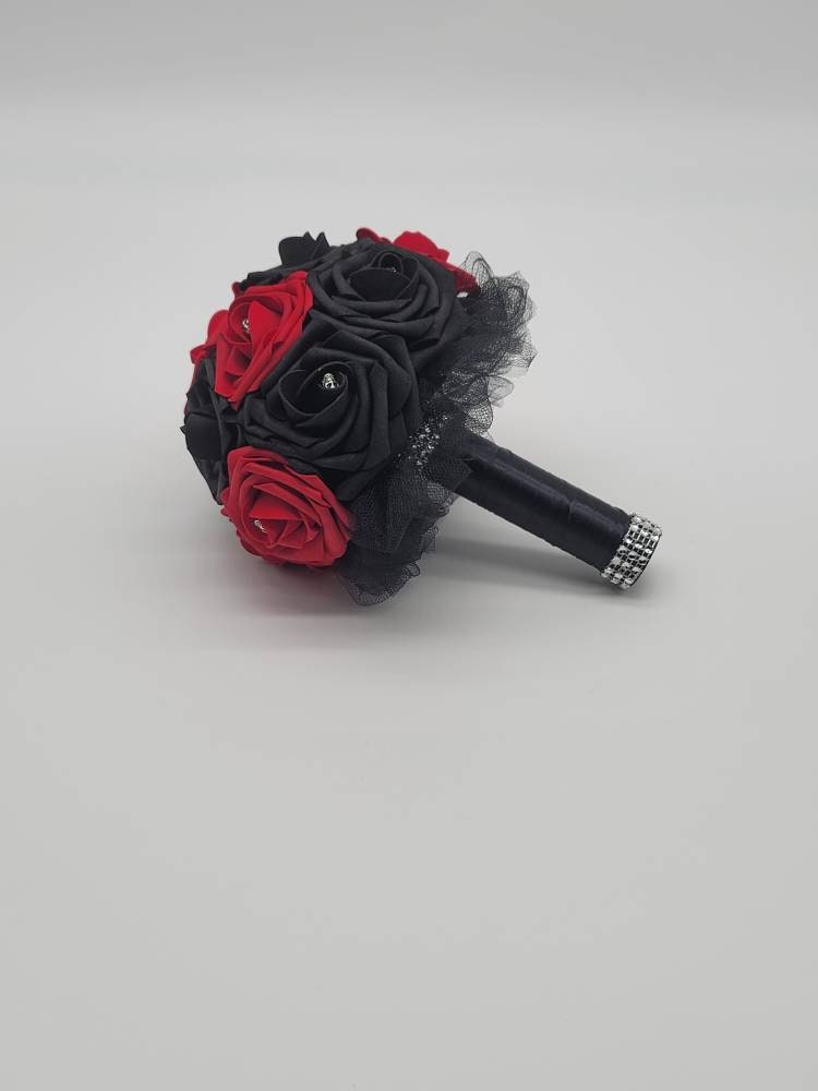 Gothic Skull Red And Black Wedding Bouquet, Bridal Bouquet, Bridesmaid Bouquet, Matching Corsages and Boutonnieres, Halloween Wedding