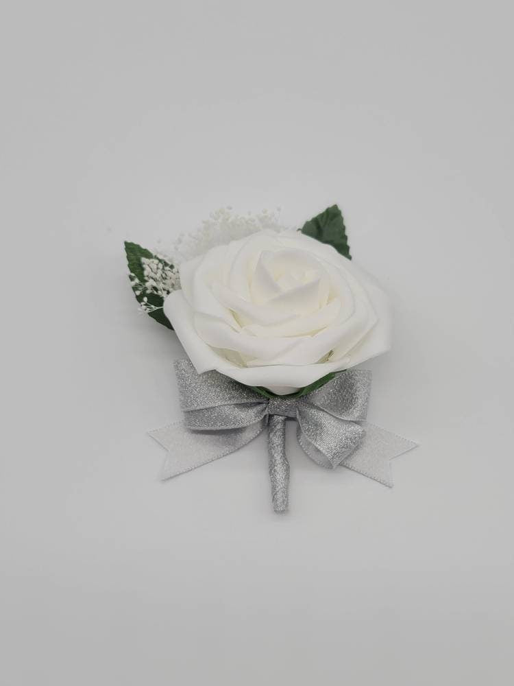 White And silver Boutonnieres And Corsages, Available In 27 Colors, Corsages Available In Pin On And Wrist, Matching Bouquets Available